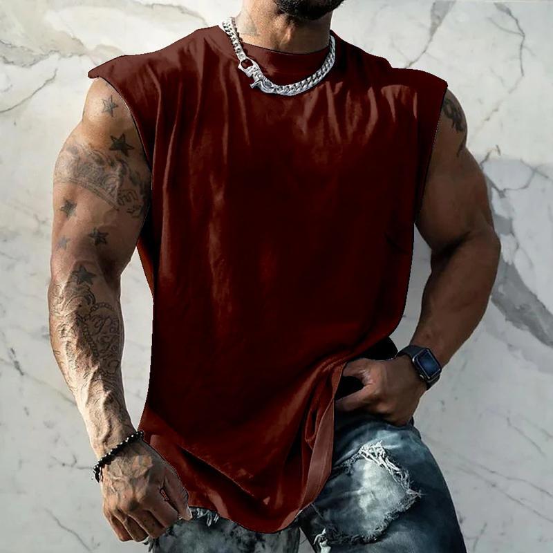Men's Solid Color Wide Shoulder Round Neck Sports Tank Top