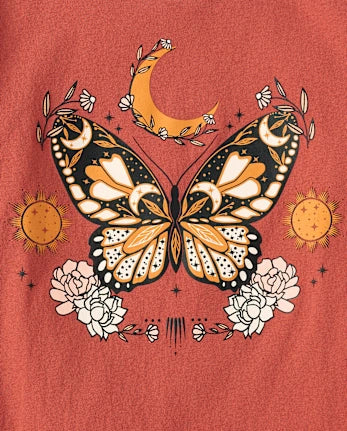 Girls Butterfly Moon Graphic Tee - orange