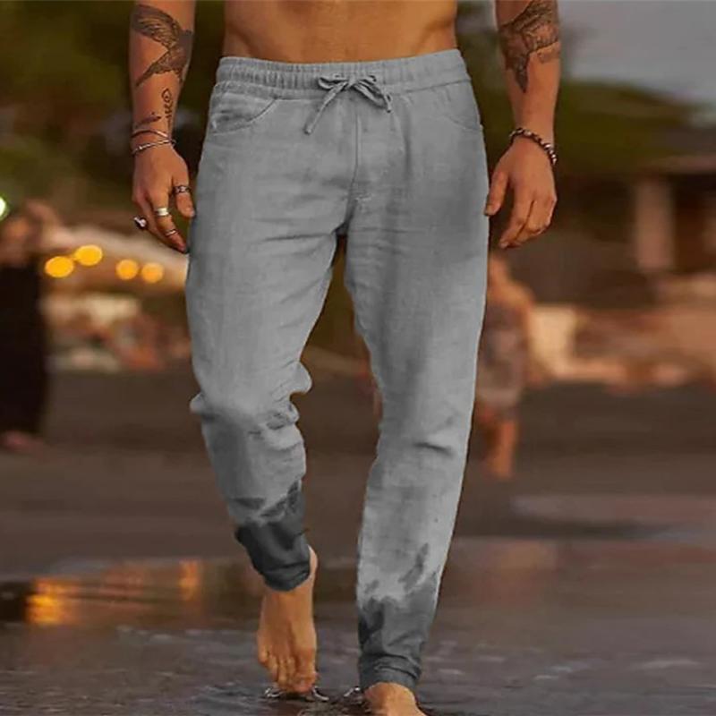 Men's Casual Solid Color Cotton Blend Drawstring Elastic Waist Loose Beach Pants