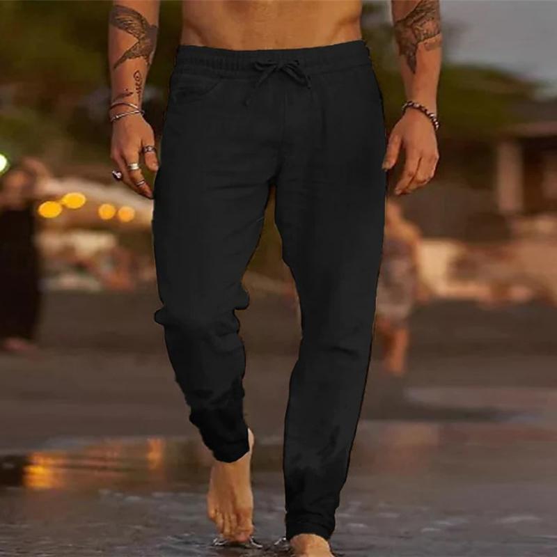 Men's Casual Solid Color Cotton Blend Drawstring Elastic Waist Loose Beach Pants