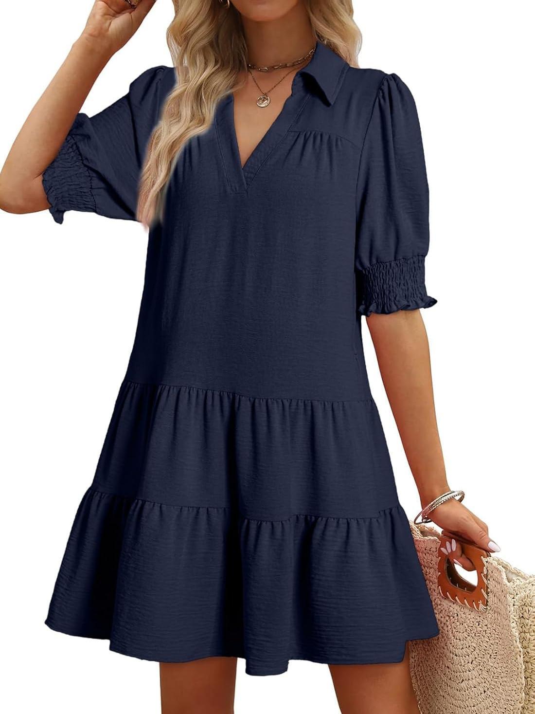 📣Smocked Sleeve Tiered V-Neck Mini Dress (Buy 2 Free Shipping)
