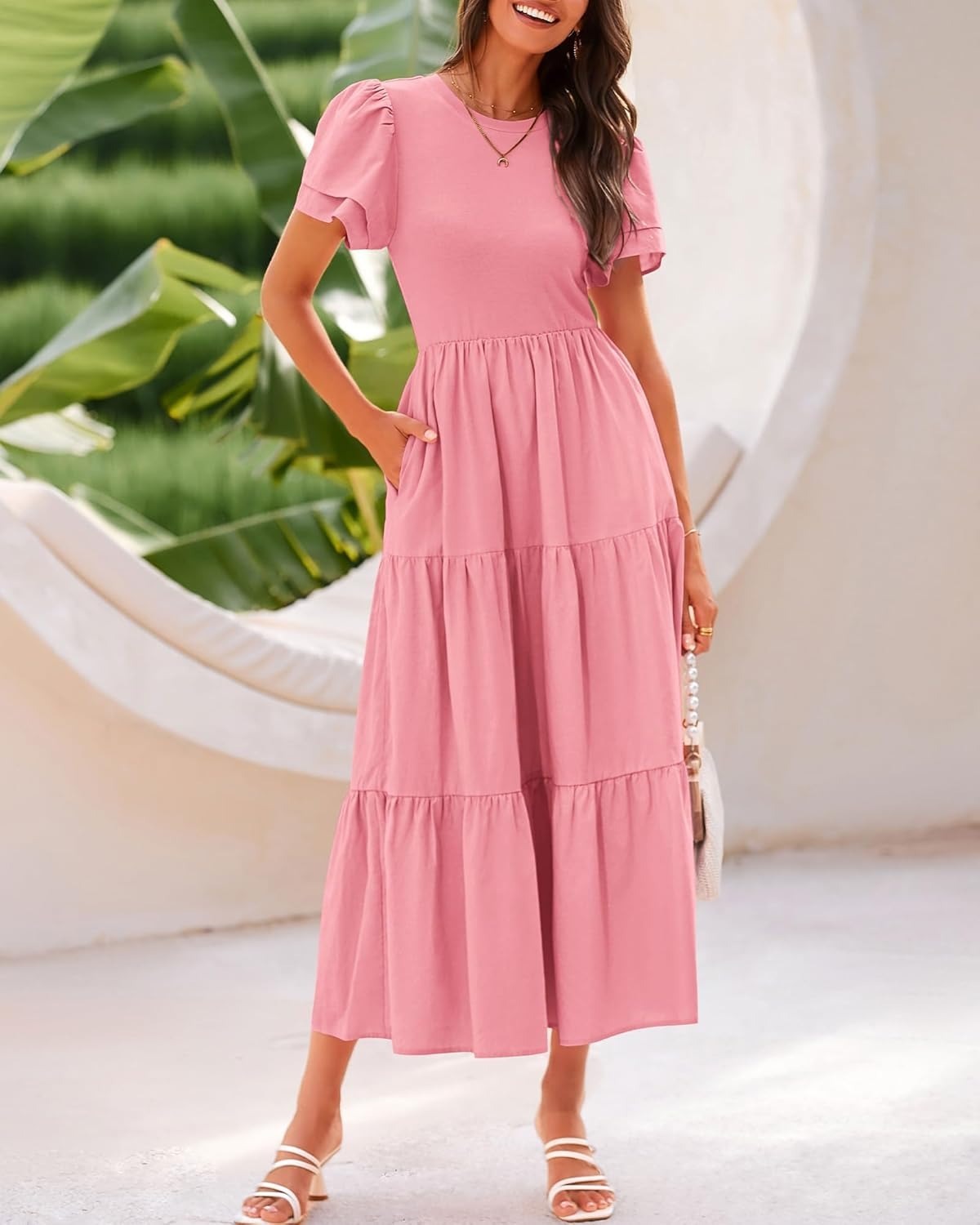 ✨Crewneck Short Sleeve Boho Tiered Maxi Dress with Pockets (Buy 2 Free Shipping!!!)
