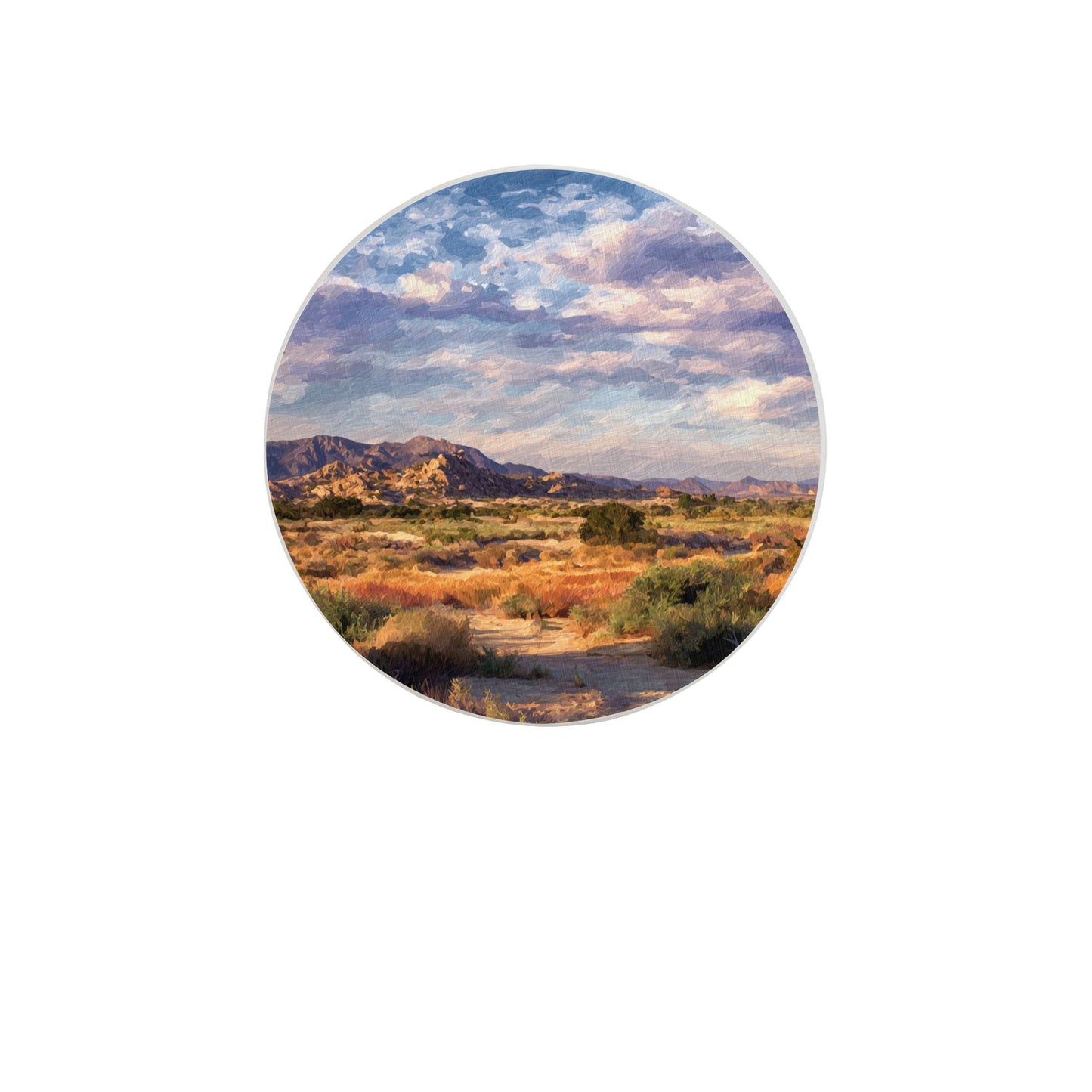 "Sunset Desert" Creative Round Coaster | Captivating Desert Landscape Illustration, Warm Natural Artistic Design