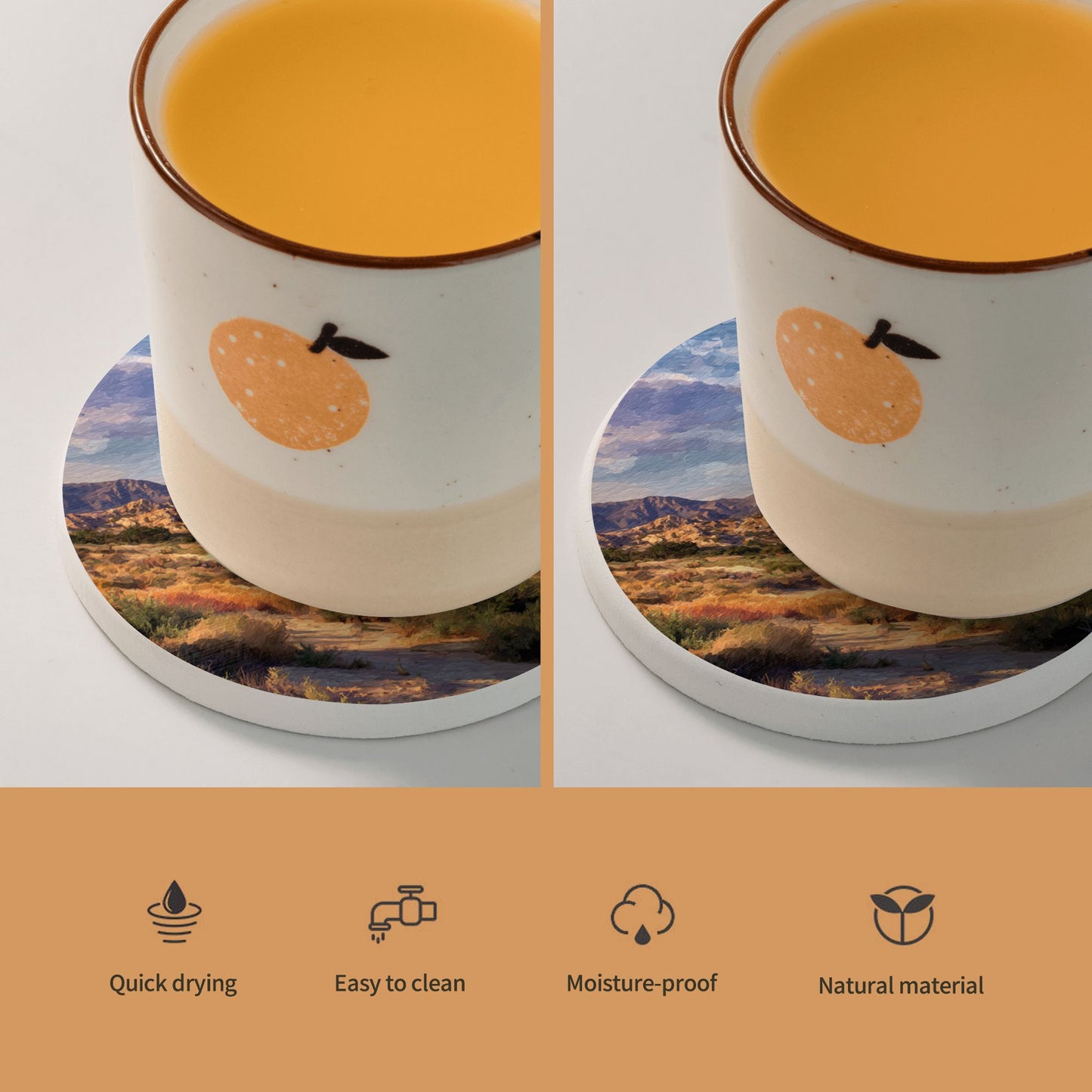 "Sunset Desert" Creative Round Coaster | Captivating Desert Landscape Illustration, Warm Natural Artistic Design