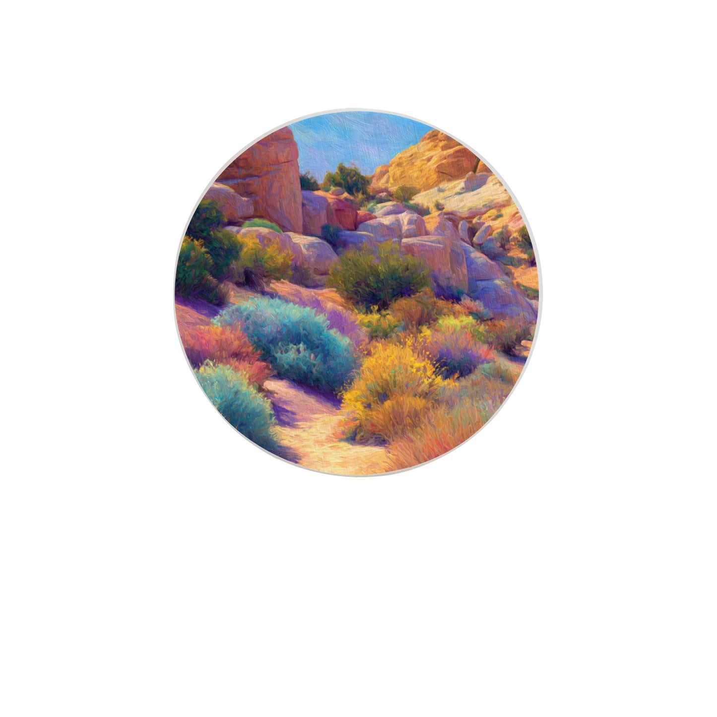 "Desert Blooms" Creative Round Coaster | Vibrant Desert Landscape Illustration, Full of Natural Vitality