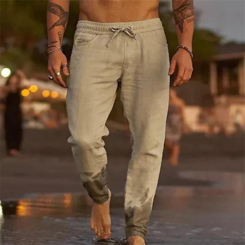 Men's Casual Solid Color Cotton Blend Drawstring Elastic Waist Loose Beach Pants