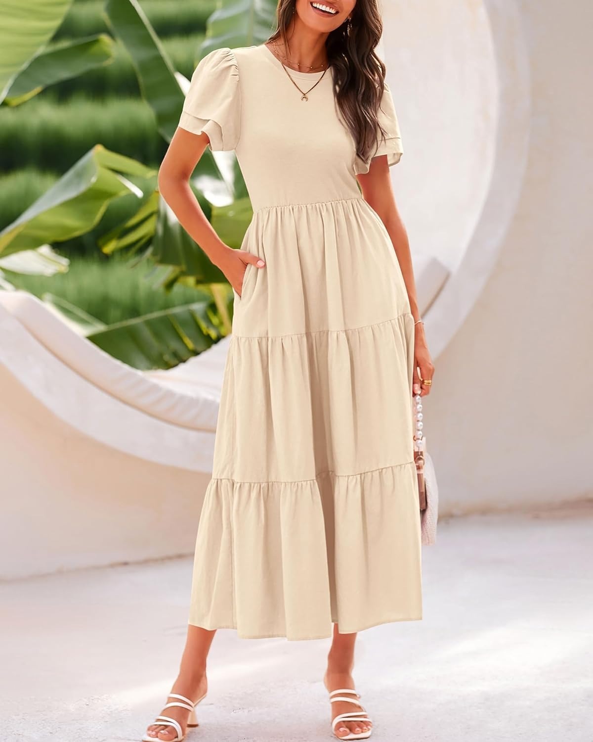 ✨Crewneck Short Sleeve Boho Tiered Maxi Dress with Pockets (Buy 2 Free Shipping!!!)