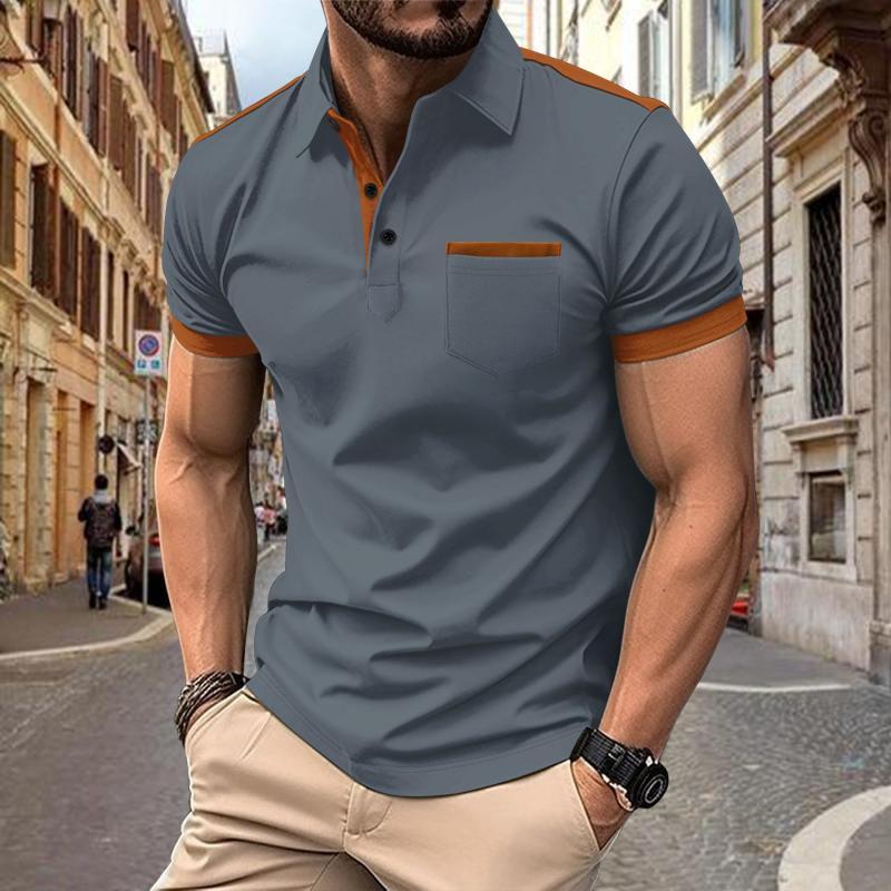 Men's Colorblock Chest Pocket Lapel Cotton Blend Short Sleeve Polo Shirt