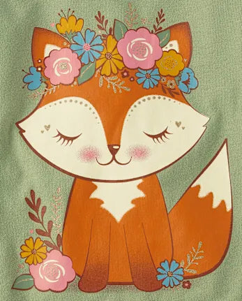 Baby And Toddler Girls Flower Crown Fox Graphic Tee - green