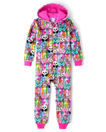 Girls Animal Milkshake One Piece Pajamas - Cozy Fleece - pink