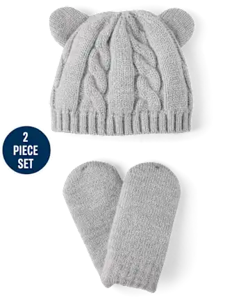 Baby Boys Bear Cable Knit 2-Piece Cold Weather Set - gray