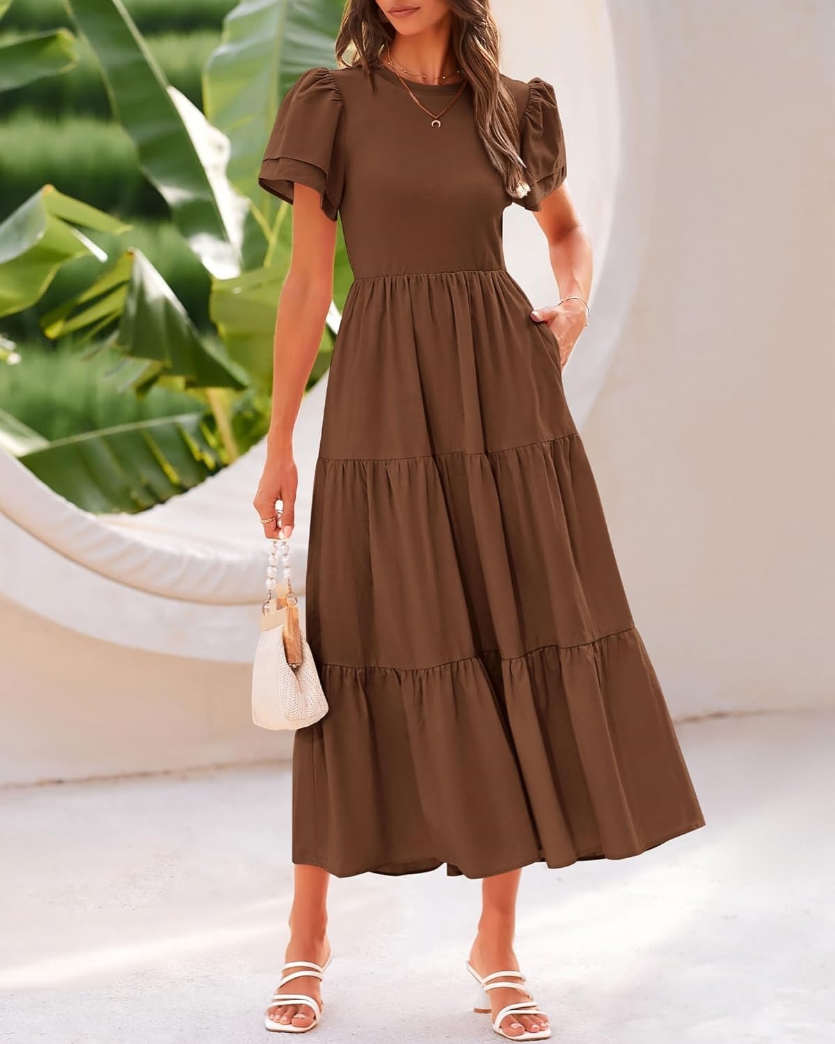 ✨Crewneck Short Sleeve Boho Tiered Maxi Dress with Pockets (Buy 2 Free Shipping!!!)