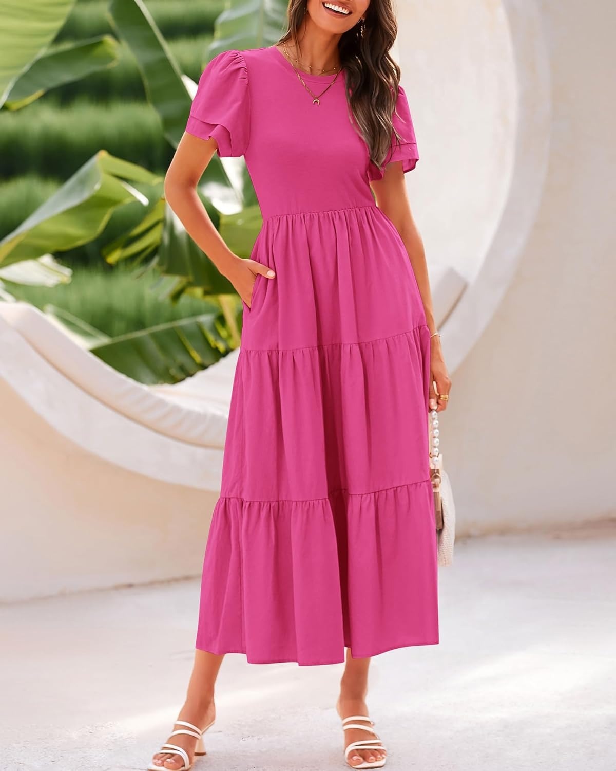 ✨Crewneck Short Sleeve Boho Tiered Maxi Dress with Pockets (Buy 2 Free Shipping!!!)