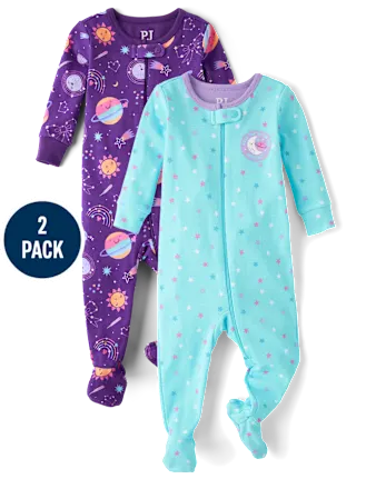 Baby And Toddler Girls Space Snug Fit Cotton Footed One Piece Pajamas 2-Pack - purple