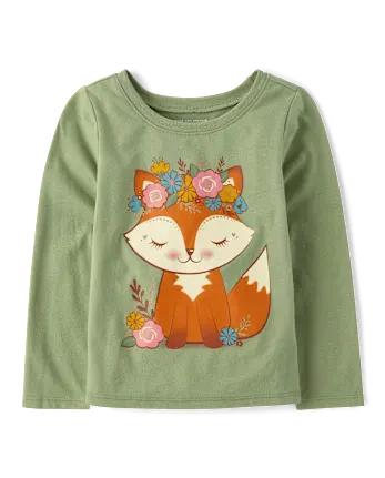 Baby And Toddler Girls Flower Crown Fox Graphic Tee - green
