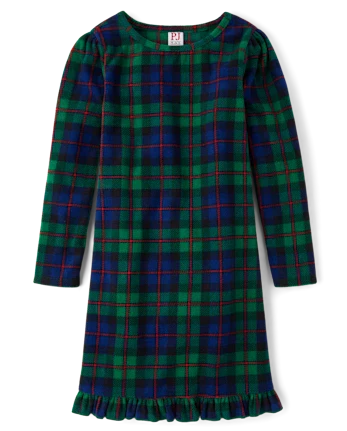 Girls Matching Family Tartan Plaid Microfleece Ruffle Nightgown - green