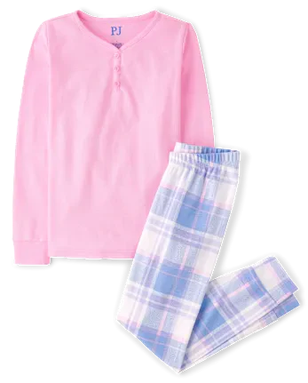 Girls Plaid Snug Fit Cotton Henley Pajamas - white
