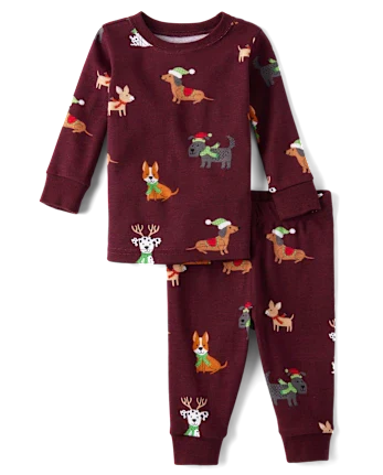 Baby And Toddler Matching Family Holiday Dog Snug Fit Cotton Pajamas - burgundy