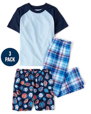 Boys Sports Plaid 3-Piece Pajama Set - white