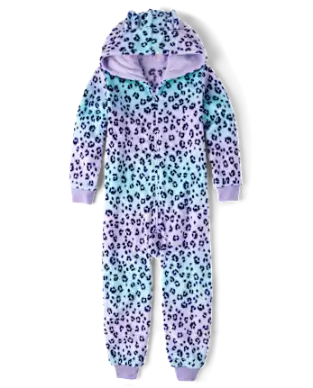 Girls Leopard One Piece Pajamas - Cozy Fleece - purple