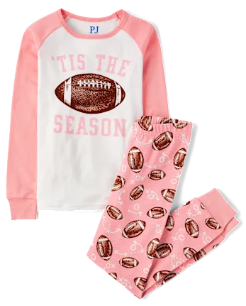 Girls Matching Family Football Snug Fit Cotton Pajamas - pink