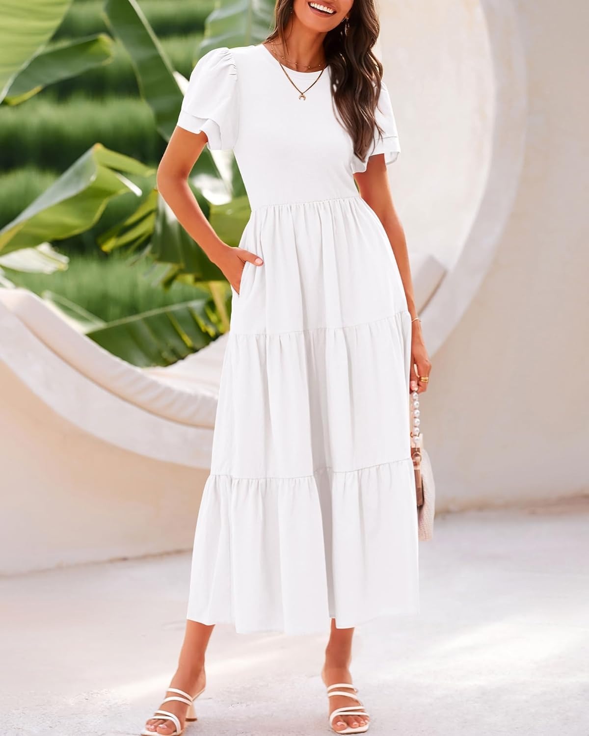 ✨Crewneck Short Sleeve Boho Tiered Maxi Dress with Pockets (Buy 2 Free Shipping!!!)