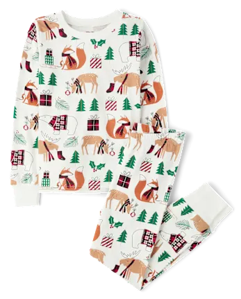 Kids Matching Family Animal Snug Fit Cotton Pajamas - white