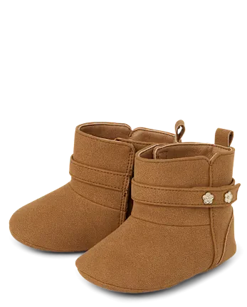 Baby Girls Flower Stud Booties - tan