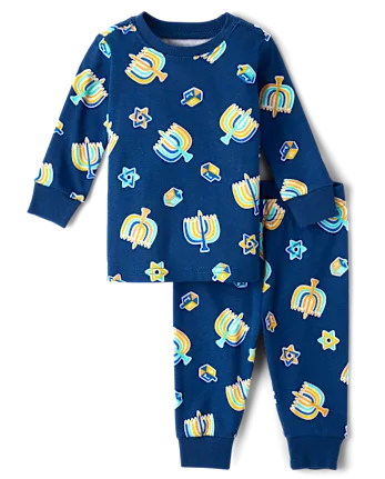 Baby And Toddler Matching Family Glow Hanukkah Snug Fit Cotton Pajamas - blue