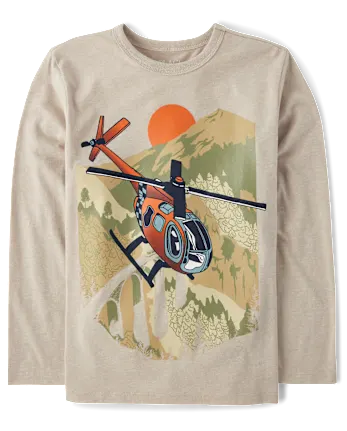 Boys Helicopter Forest Graphic Tee - brown