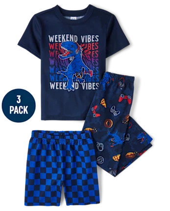 Boys Dino Weekend Vibes 3-Piece Pajama Set - blue