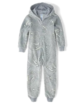 Boys Glow Gamer Sherpa One Piece Pajamas - gray