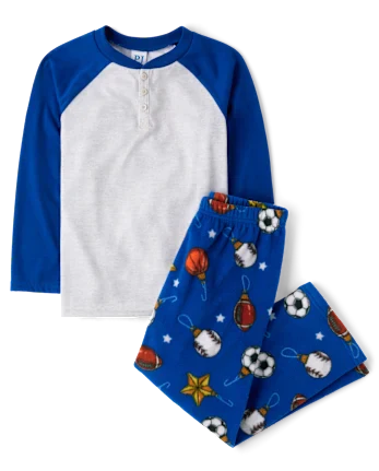 Boys Sport Ornaments Henley Pajamas - blue