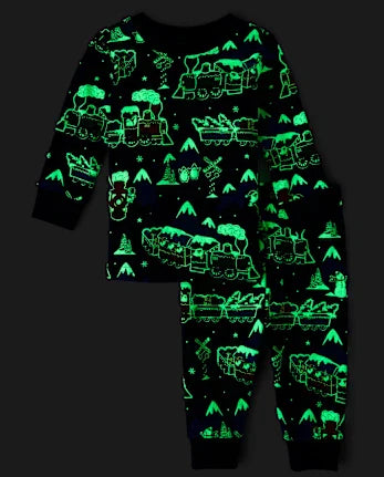 Baby And Toddler Glow Holiday Train Snug Fit Cotton Pajamas - blue