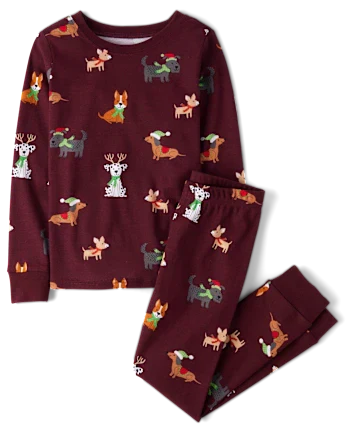 Kids Matching Family Holiday Dog Snug Fit Cotton Pajamas - burgundy