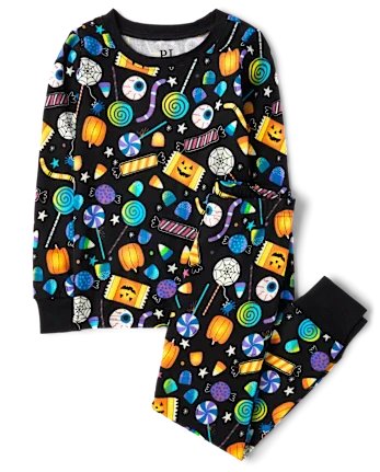 Kids Glow Halloween Candy Snug Fit Cotton Pajamas - black