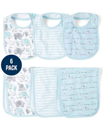 Baby Boys Elephant Bib And Burp Cloth 6-Piece Set - blue