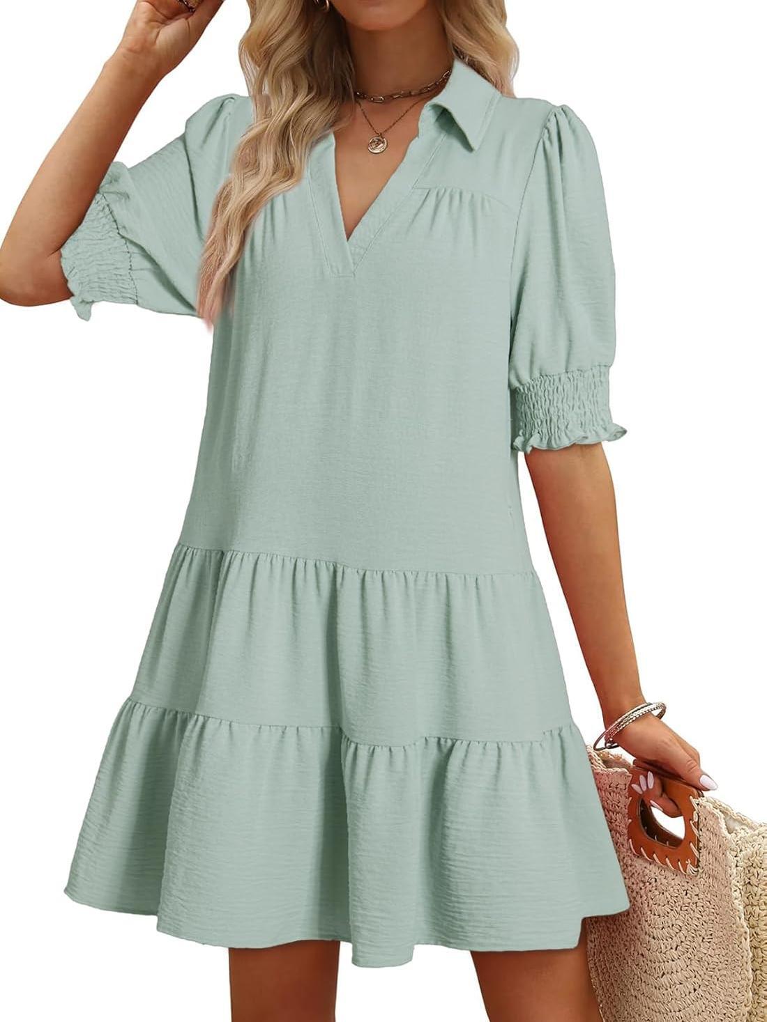 📣Smocked Sleeve Tiered V-Neck Mini Dress (Buy 2 Free Shipping)