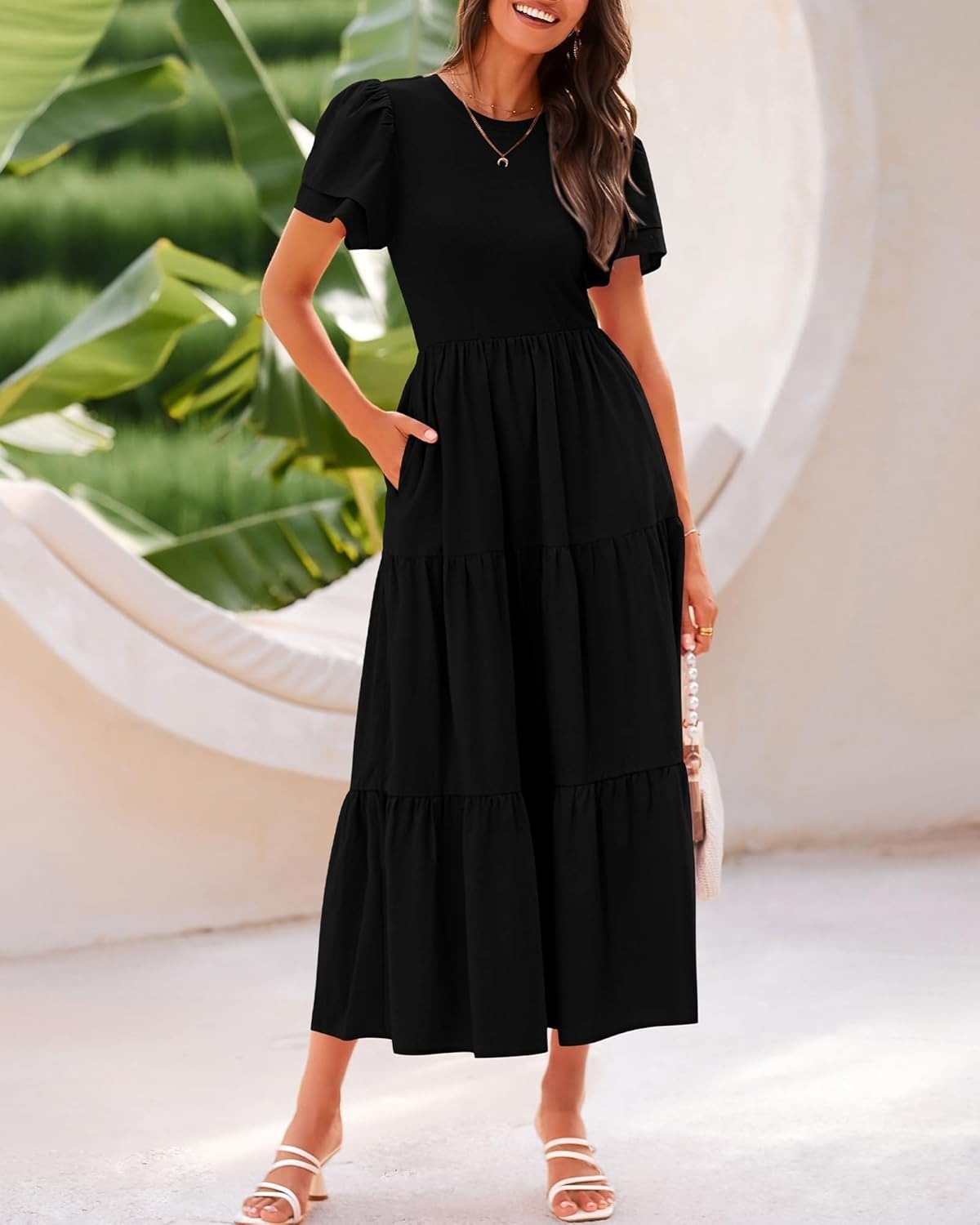 ✨Crewneck Short Sleeve Boho Tiered Maxi Dress with Pockets (Buy 2 Free Shipping!!!)