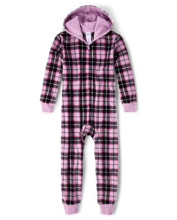 Girls Plaid Microfleece One Piece Pajamas - purple