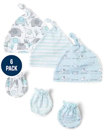 Baby Boys Elephant Hat And Mittens 6-Piece Set - blue