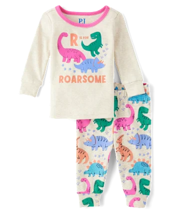 Baby And Toddler Girls Dino Snug Fit Cotton Pajamas - tan