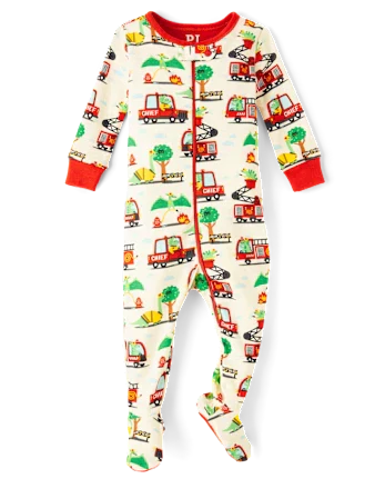 Baby And Toddler Boys Fire Truck Snug Fit Cotton Footed One Piece Pajamas - white