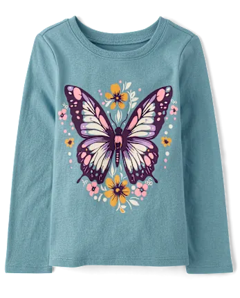 Baby And Toddler Girls Floral Butterfly Graphic Tee - blue