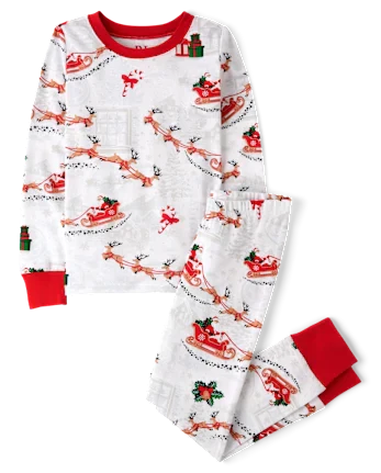 Kids Matching Family Santa Sleigh Snug Fit Cotton Pajamas - white