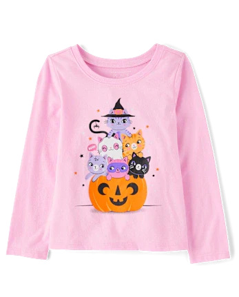 Baby And Toddler Girls Pumpkin Cats Graphic Tee - pink