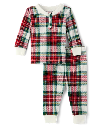 Baby And Toddler Matching Family Plaid Thermal Henley Pajamas - white