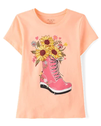Girls Flower Boot Graphic Tee - orange
