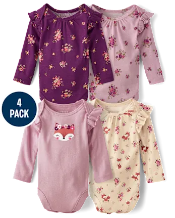Baby Girls Fox Flutter Bodysuit 4-Pack - purple
