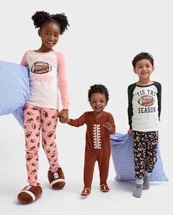 Baby And Toddler Matching Family Football Microfleece Footed One Piece Pajamas - brown
